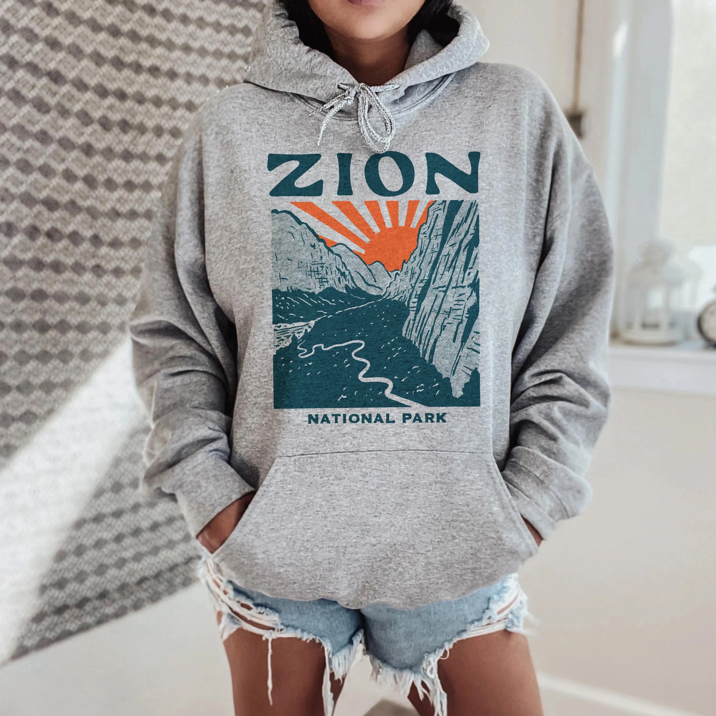 Felpa con cappuccio del Parco Nazionale Zion - Pullover sportivo grigio regalo vintage dell'Utah, felpa con cappuccio souvenir per i viaggiatori Capispalla casual accogliente