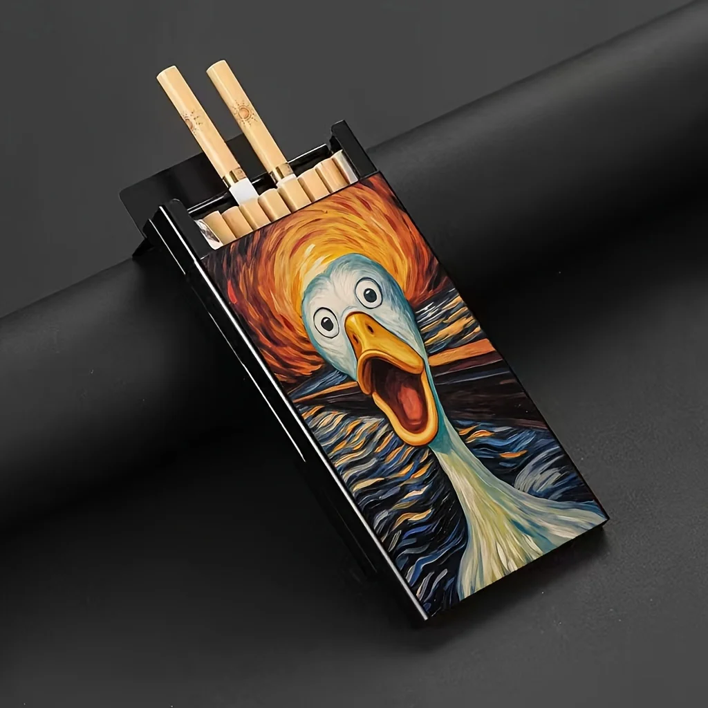 Creative duck-themed metal aluminum cigarette case with a unique painted cat pattern, perfect as a gift for boyfriends