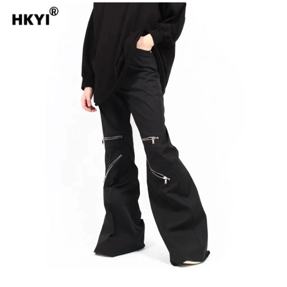 HKYI men's zipper flared floor length pants, loose stacking casual pants, work pants