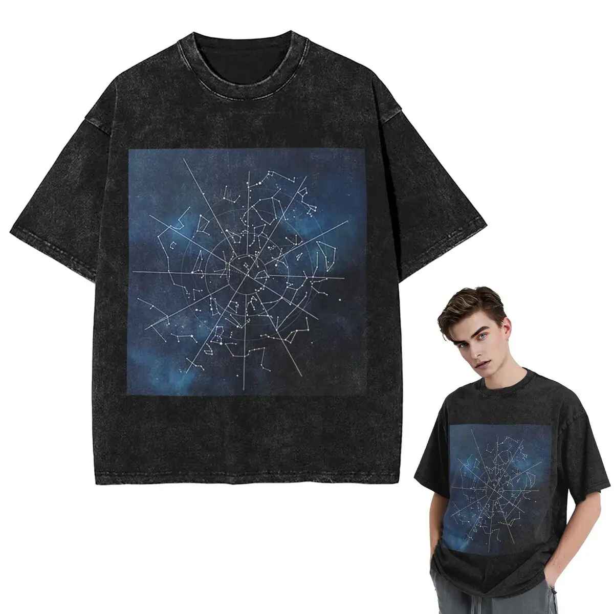 Streetwear T-Shirts Zodiac Constellations Space Washed T Shirt Short Sleeve Hip Hop T-Shirt Tops Tees for Men Women