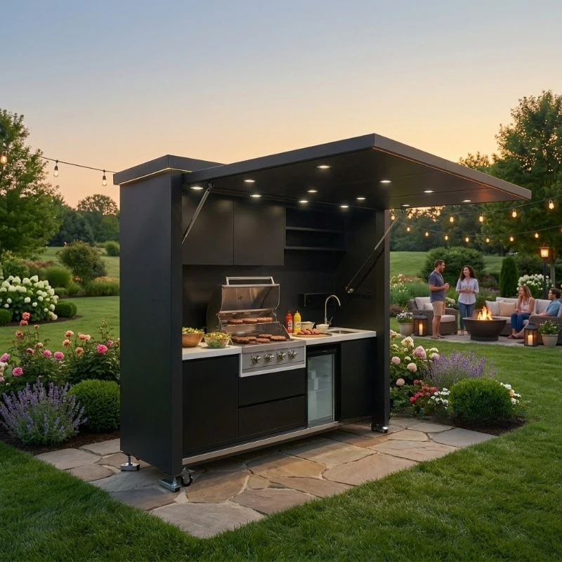 Mobile Outdoor BBQ Kitchen with Lighting Locker Camping Stall Party Multifunctional Catering Equipment BBQ