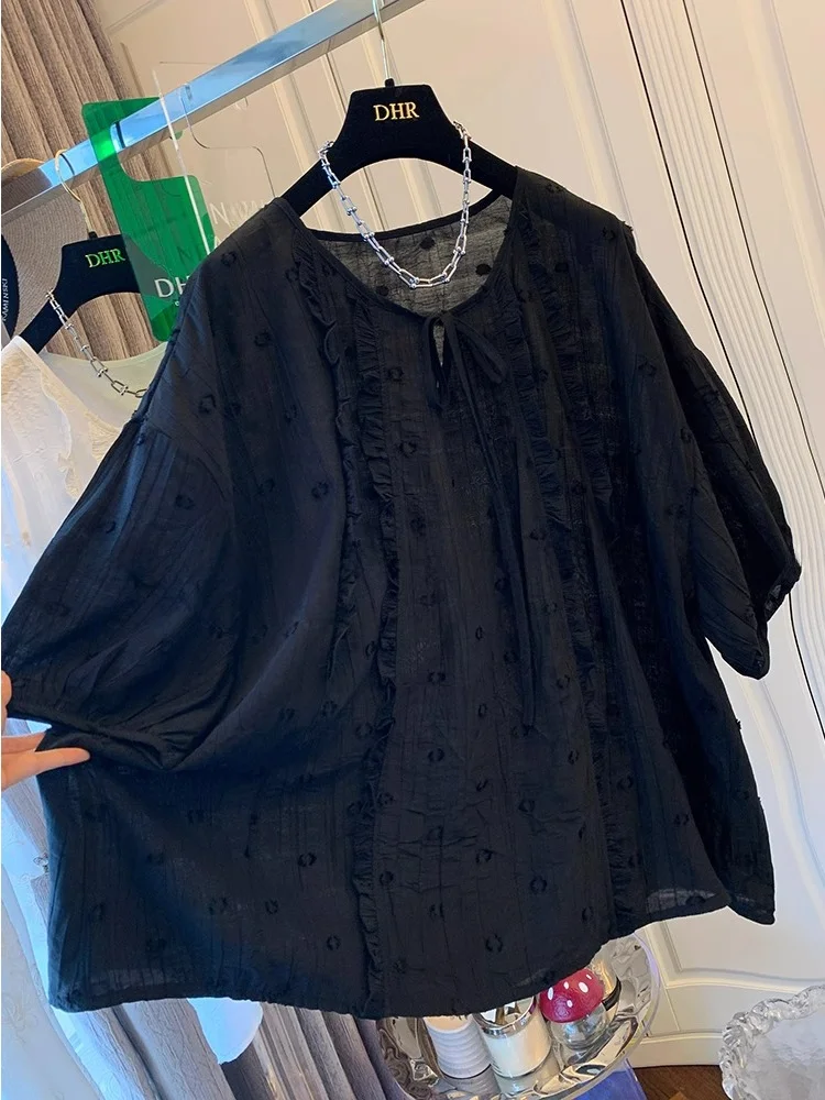 

plus Size Women's Summer Shirt Loose Sun Protection Short Sleeve Ruffle Polka Dot Design Korean Style Casual Wear Polyester F...