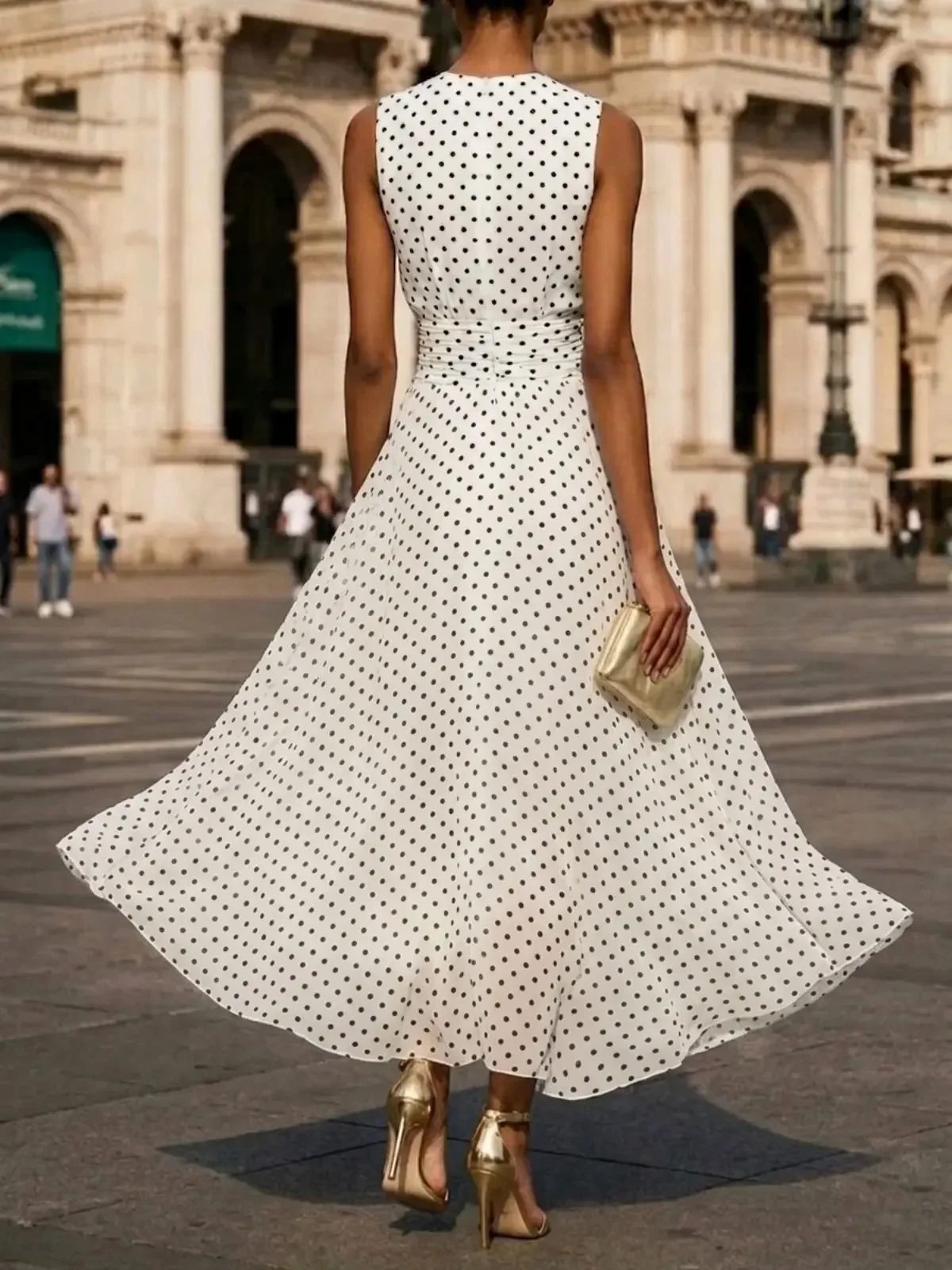 Damen-Maxikleid mit Rundhalsausschnitt, ärmellos, gepunktet, mit Taillenband, fließendes Chiffonkleid, elegantes Alltagskleid für Büro und Pendler – Detail 4