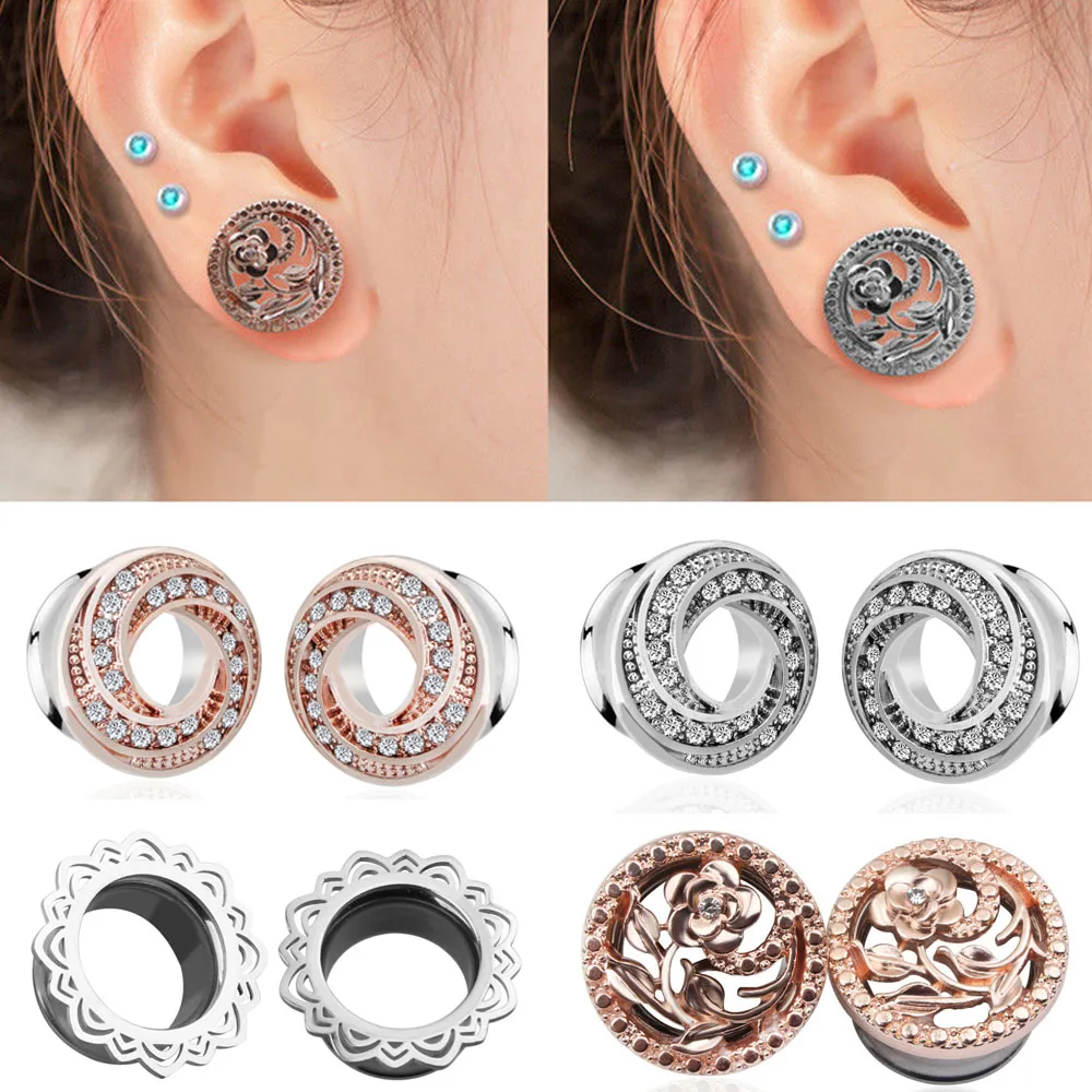 2pcs 361L Steel Signle Ear Gauges 6-16mm Flower Hollow Out Ear Plugs and Tunnels Piercing Oreja for Women Men Simple Earrings