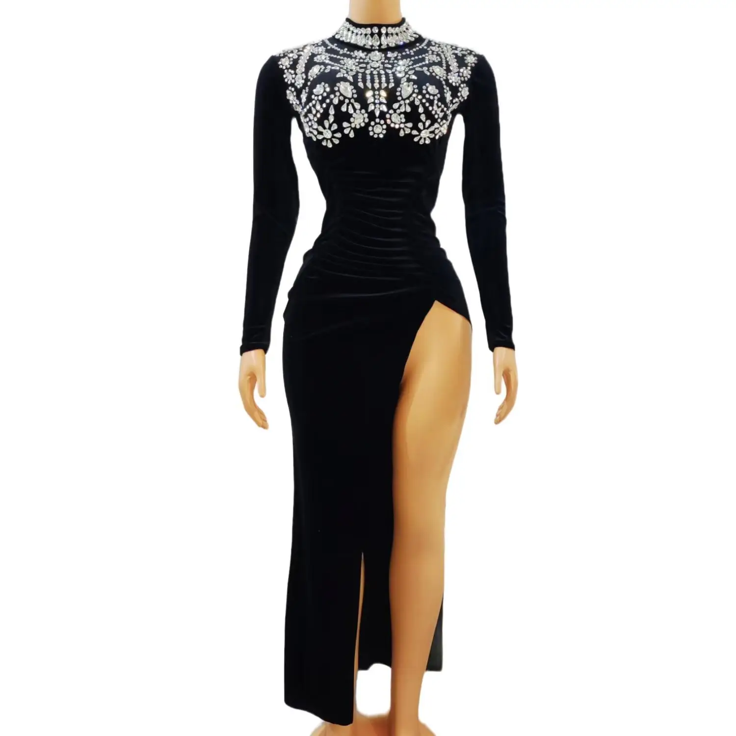 

Women Dance Show High Split Dress Silver Rhinestones Black Velvet Evening Long Dress Birthday Prom Celebrate Outfit Heiban