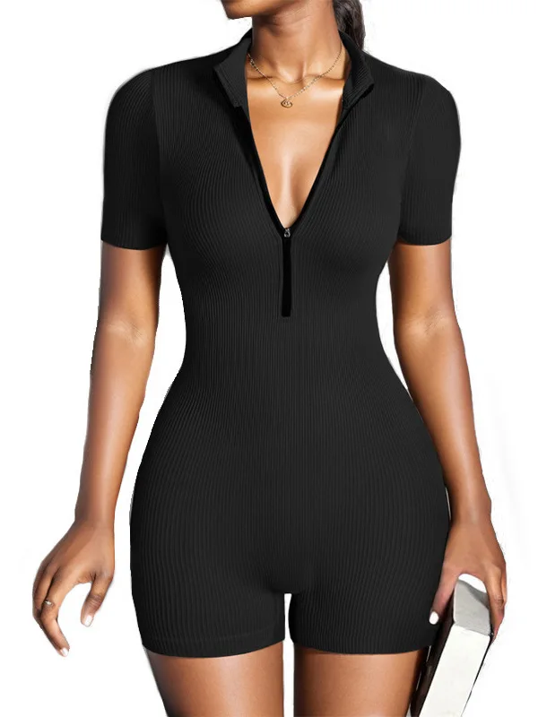 

Slim Fit ort Sve Zipper Jumpsuit High Waist Straight Leg Pants Street Sle Summer Faion Women's One-Piece Suit