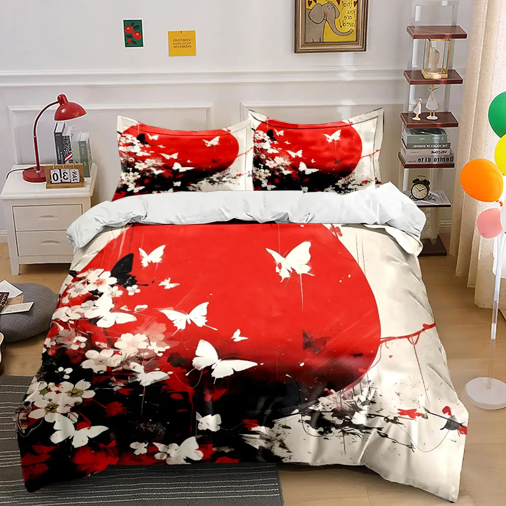 Red Sun Ink Cherry Blossom Butterfly Duvet Cover Set, Oriental Watercolor Floral Bedding with 1 Duvet Cover 2 Pillowcases,Gift