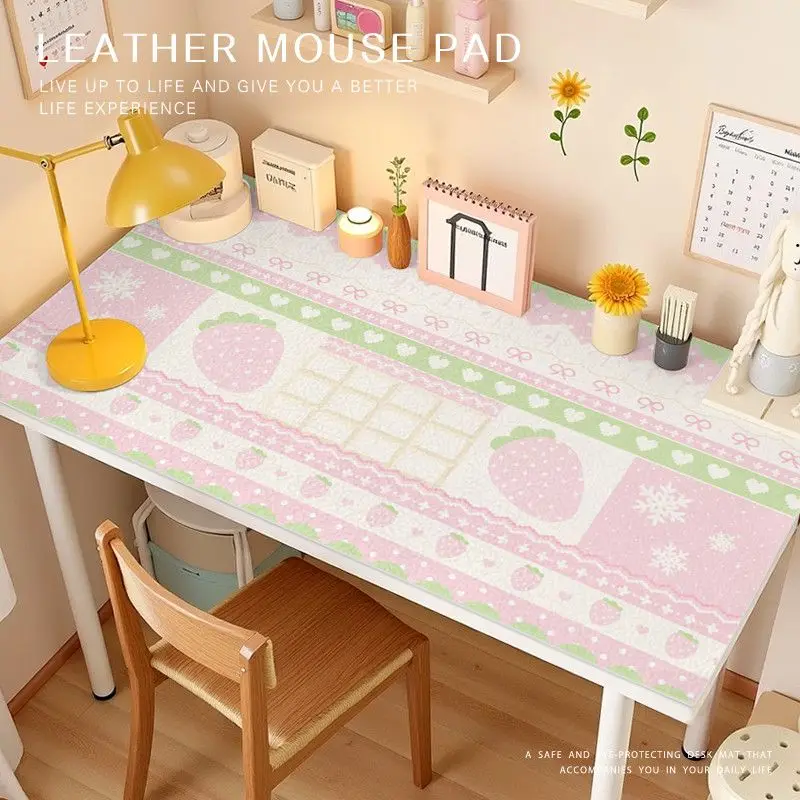 Leather Desk Pad Protector Pink Polka Dots Y2K Strawberry Sweet Mouse Pad Office Desk Mat Oilproof Non-Slip PU Desk Blotter Pad