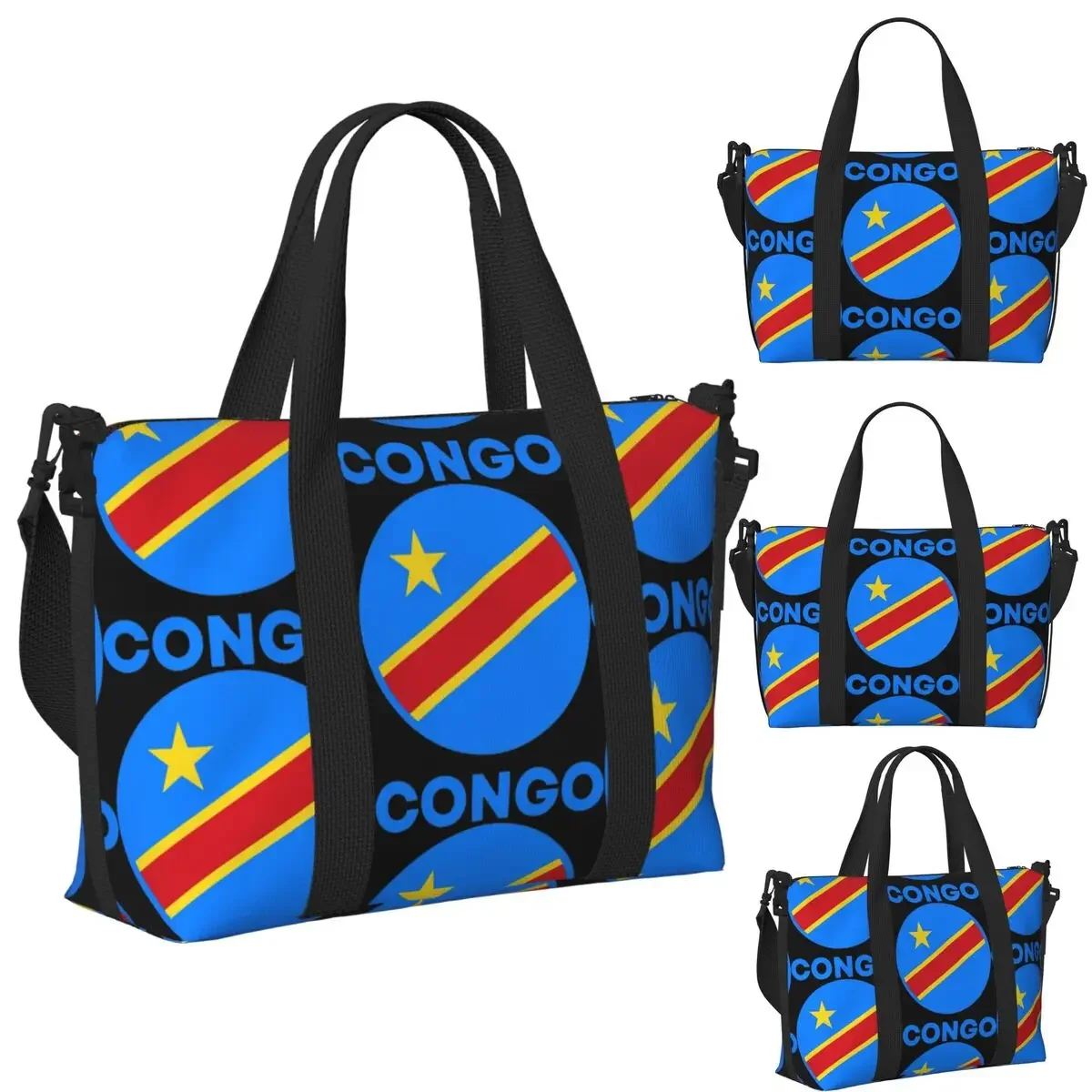 Flag Of Congo Kinshasa Flag Of Zaire Beach Travel Bag Large Capacity Tote Bags For Gym Sport Women Shopping Duffle Shoulder Bag