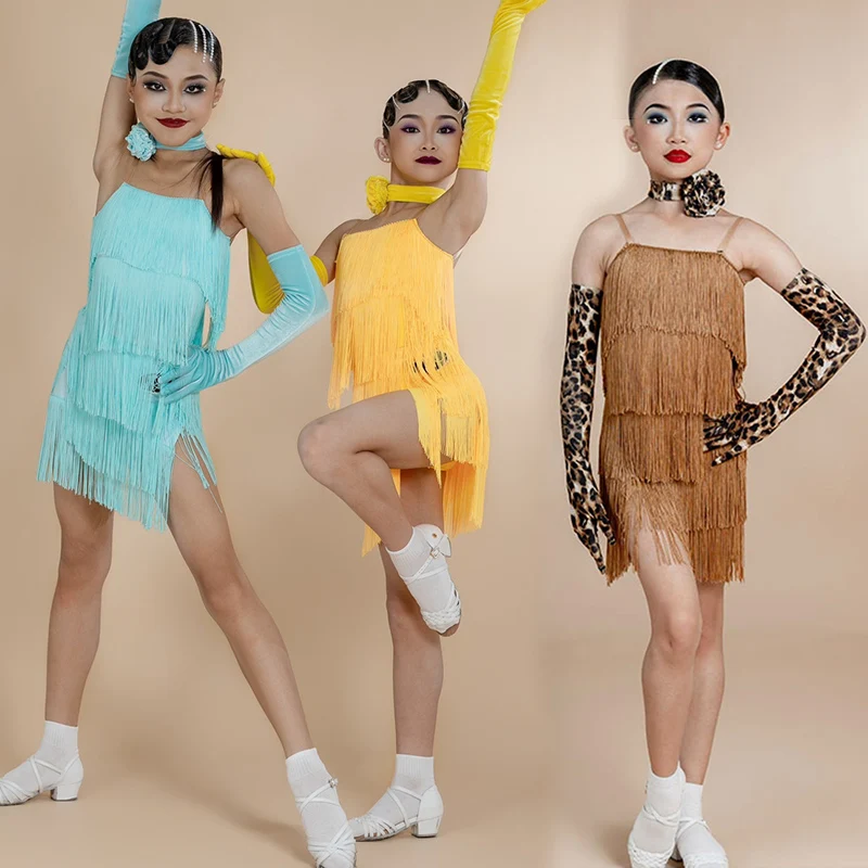 

2024 Girls Latin Dance Fringe Dress Kids Cha Cha Rumba Samba Dance Costume Leopard Yellow Blue Tassels Competition Dress NV20528