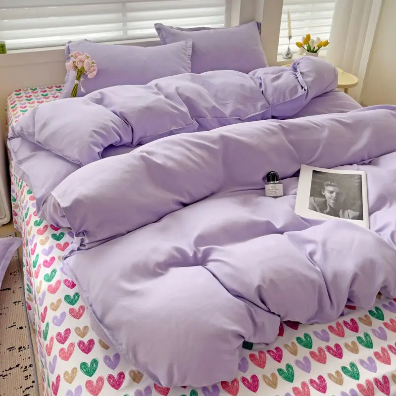 Purple Duvet Cover Set Ins Solid Color Korean Flat Sheet Pillowcases Bedding Set Girls Boys Queen Twin Szie Soft Bed Linens