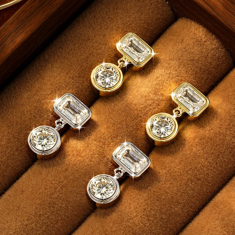Rrjzz 5 mm runder Moissanit-Ohrring mit 4 x 6 mm Smaragdschliff, kubischer Zirkonia, Verlobungs-Ohrstecker für Frauen, baumelnde Ohrringe, Schmuck, Geschenke – Detail 6