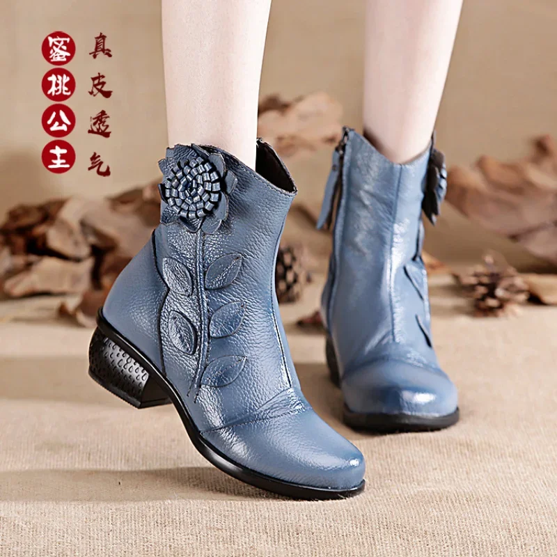 Women Boots Shoes Woman Handmade Vintage Genuine Leather Low-Heeled Shoe Round Toe High Quqlity Shoes Winter Fashion Shoes Women