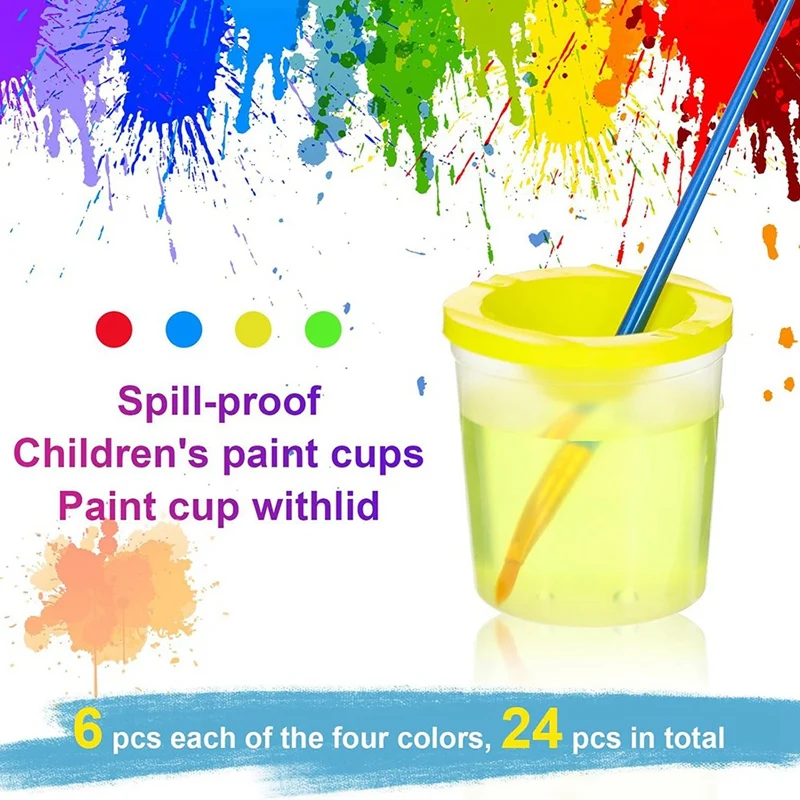 蓋付きペイントカップ 24 パック - こぼれないペイントウォーターカップ、塗装用の再利用可能なこぼれ防止ペイントカップ、(4 色)
