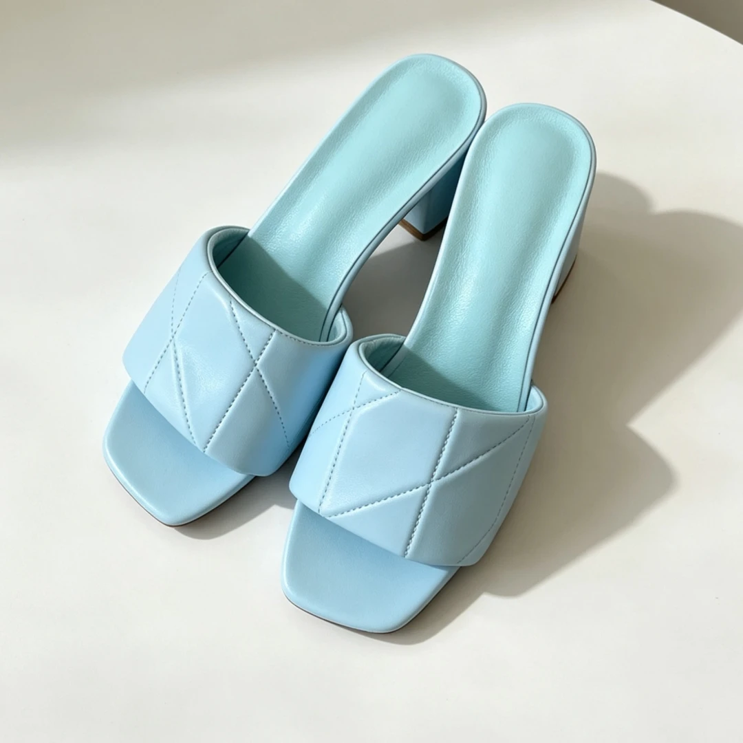 Luxury Brand Women's Shoes Handmade Casual Sandals Quilted Mid Block Heel Mules Square Open Toe SlipOn Soft Leather Slippers