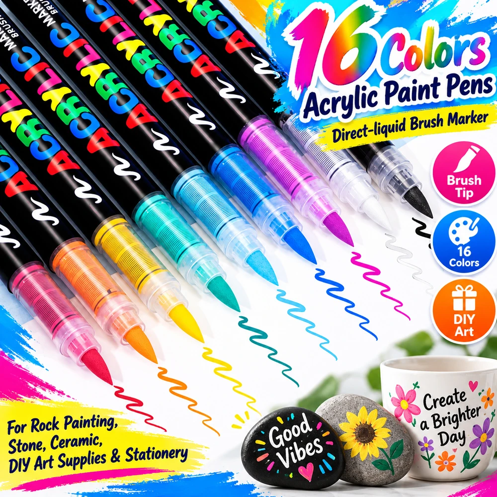16 Colors Direct-liquid Acrylic Paint Pens Brush Marker Pen for Rock Painting Stone Ceramic DIY Art Supplies Stationery