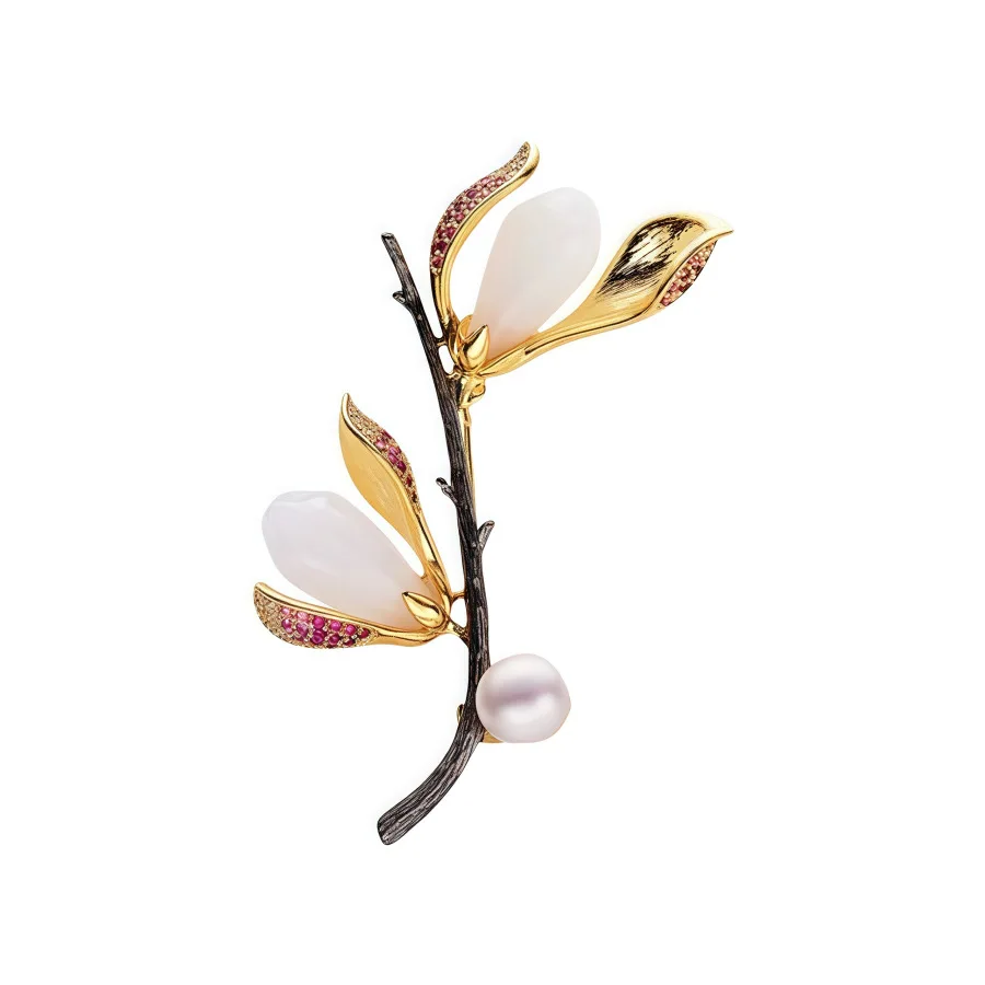 Classic Double Magnolia Flower Pearl Brooches For Women New Trendy Blossom Petal Plant Pins Jewelry Accessory Office Party Gift