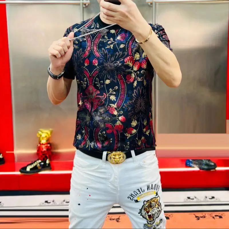 Slim Fit Print T Shirt For Men Short Sleeved Trendy Brand Elastic Summer Quality Comfortable Breathable European Style Camisetas