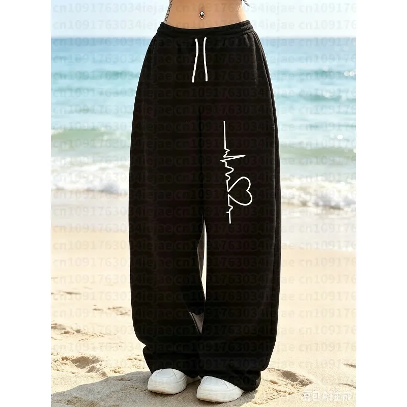 Women's Kid Street Style Casual Sweatpants with Heartbeat-shaped Print Arrivals for Spring Loose Fit Streetwear Oversized