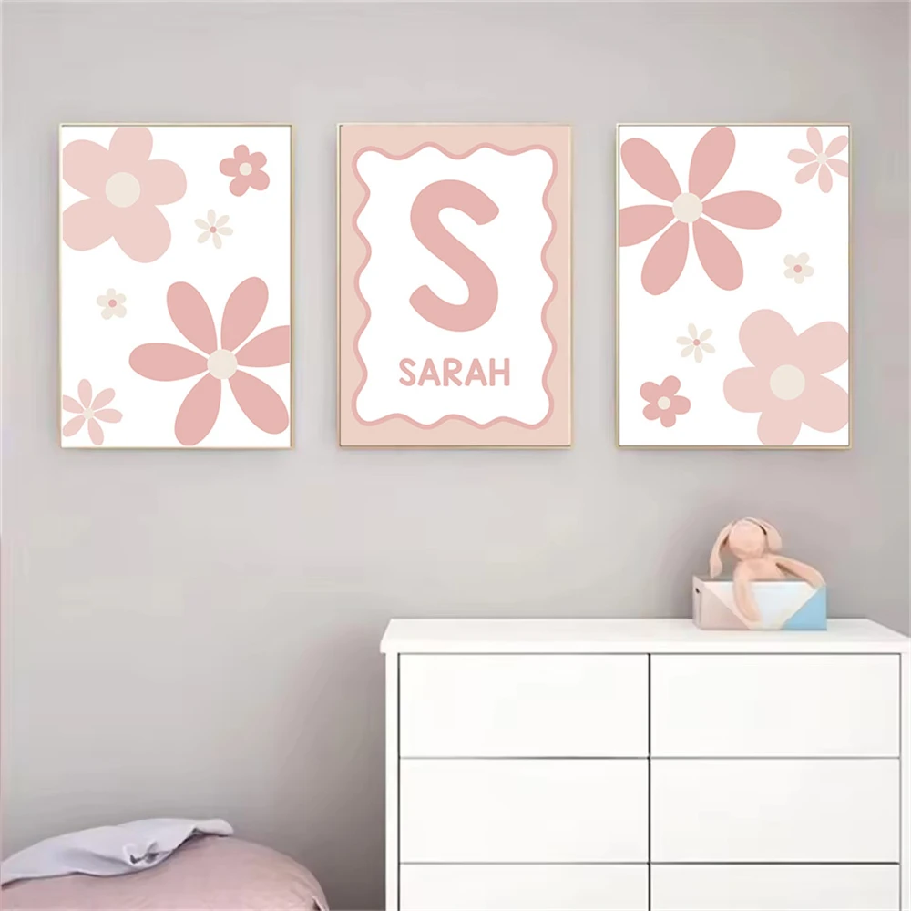 Cartoon Pink Daisy Poster Custom Name Canvas Painting Wild Flowers Wall Art Print Nursery Posters Pictures Baby Girls Room Decor