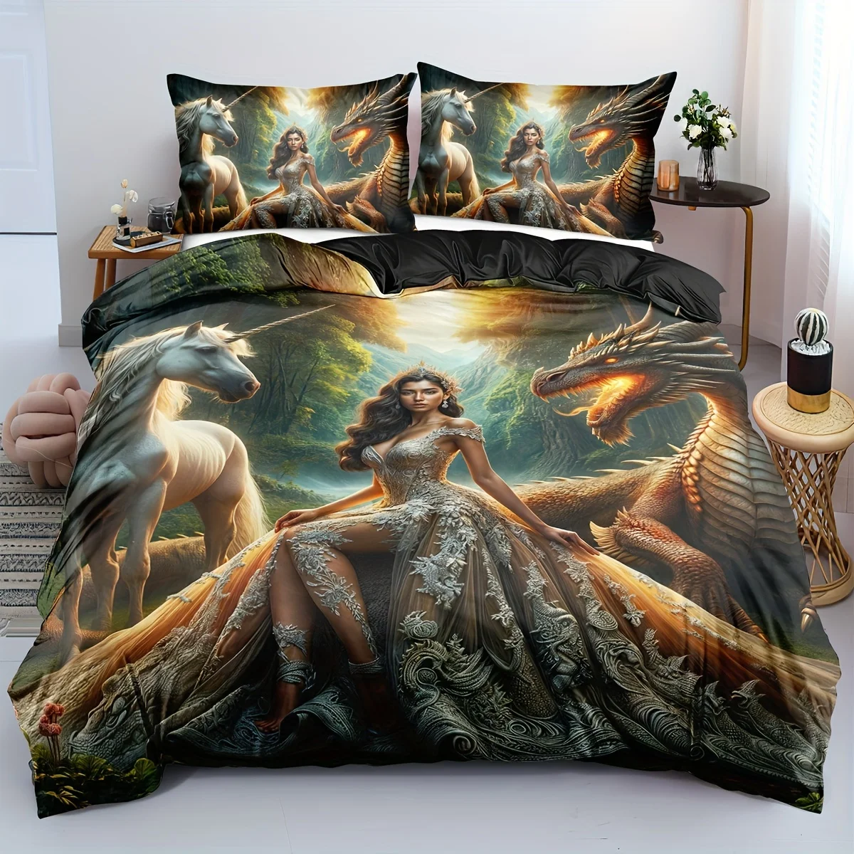 

2/3pcs Animal Print Bedding Set, Dragon Down Comforter Set, Unicorn Duvet Cover, Bedroom Decor, Guest Room, Bohemian Flat Print