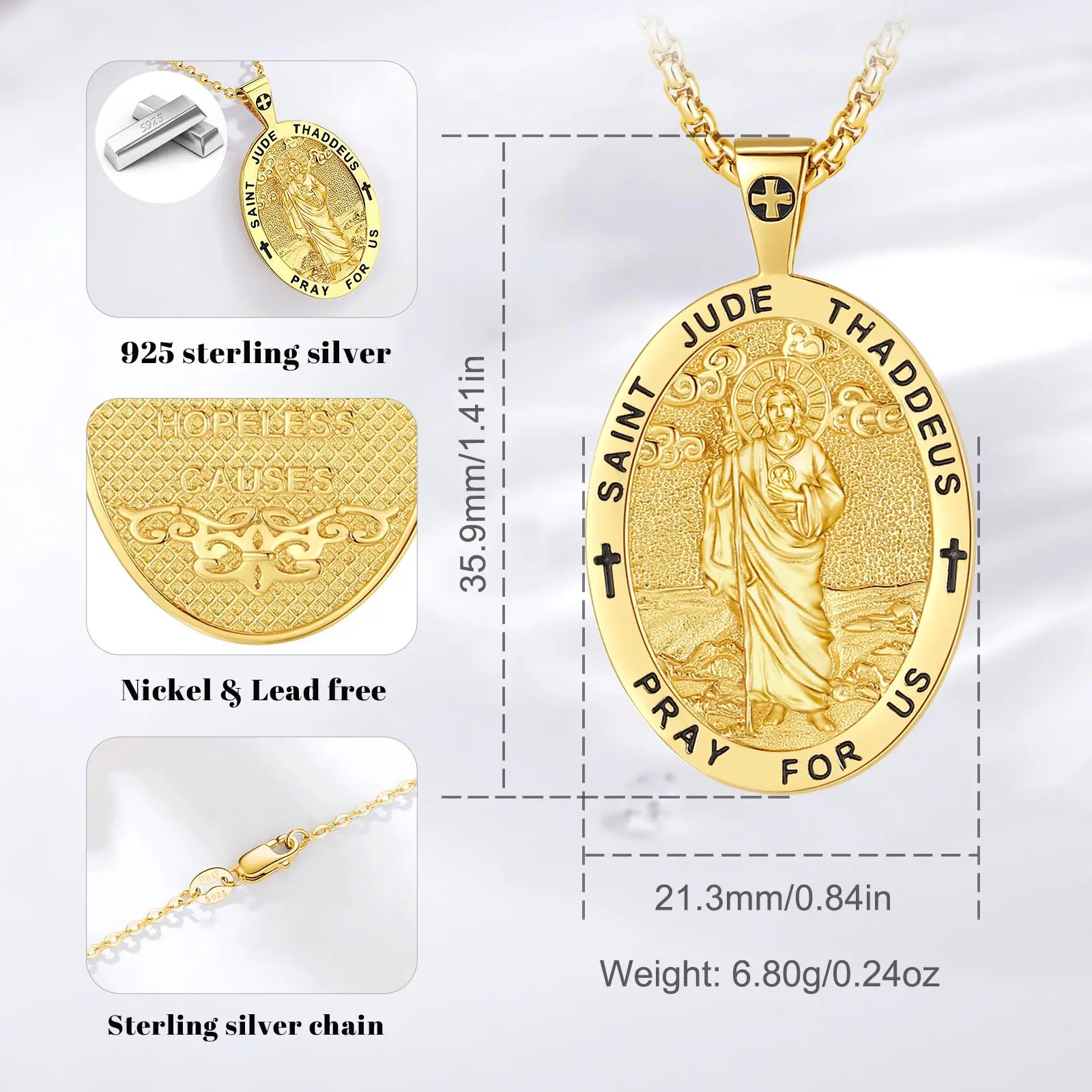 Eudora 925 Sterling Silver Saint Jude Necklace 18K Gold Cross Religious Pendant Amulet Fine Embossed Jewelry Gift for Men Women