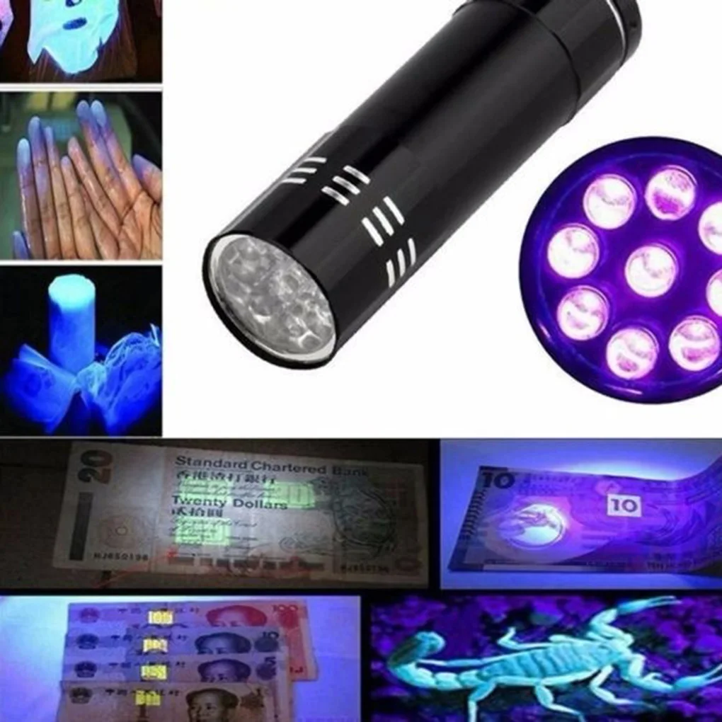 Mini 9 LED Purple Light Currency Checking Flashlight Outdoor Camping Hiking Handheld Torch Light Lamp