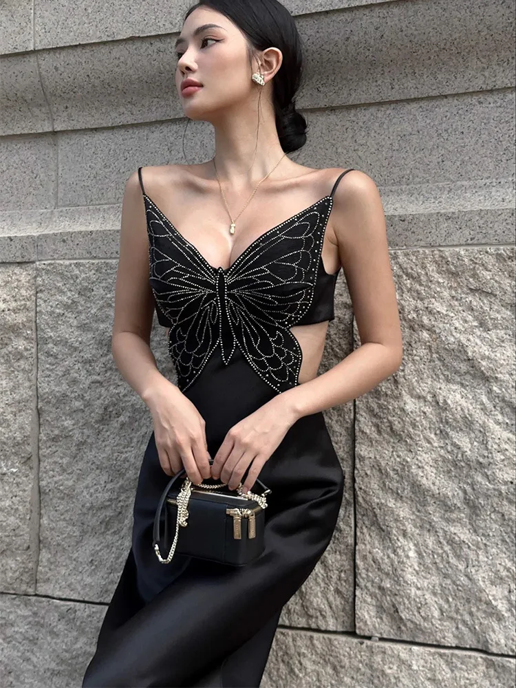 

2023 Summer Shining Diamonds Butterfly Design Spaghetti Strap Black Ankle Length Dress Celebrity Birthday Party Evening Dress