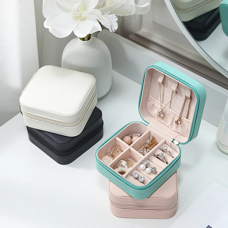 Mini Jewelry Organizer Display Travel Jewelry Zipper Case Boxes Earrings Necklace Ring Portable Jewelry Box Flip Top Storage