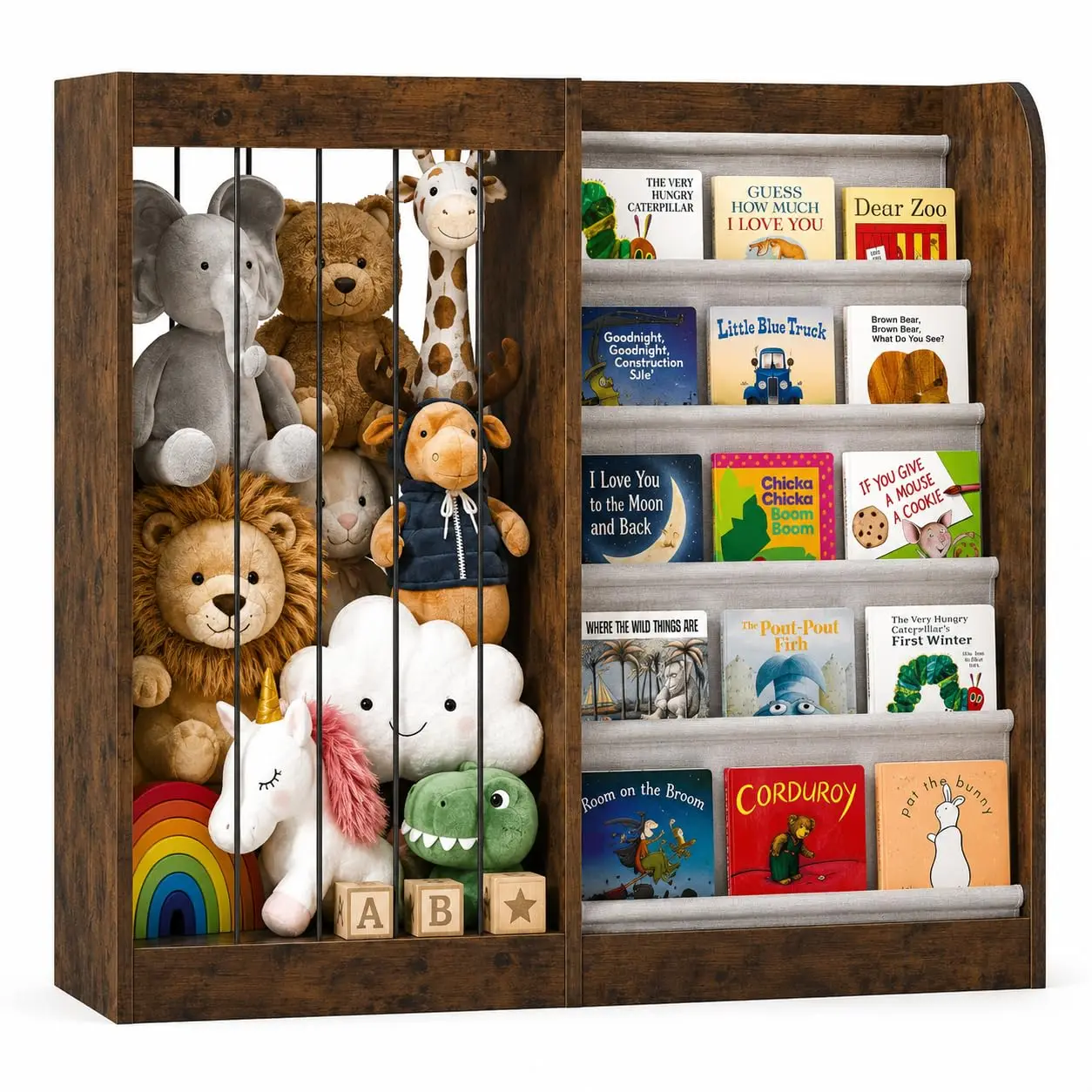 5-Tier Kids Bookshelf Toy Storage Net Holder Sling Walnut