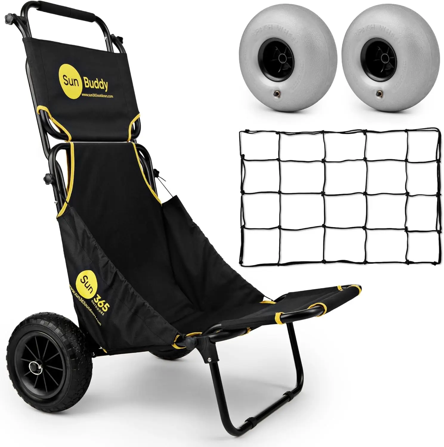 Foldable Beach Fishing Trolley Cart Chair All Terrain Balloon & Puncture Proof Wheels Sun Canopy Luggage Rack & Cargo Net 90kgs/