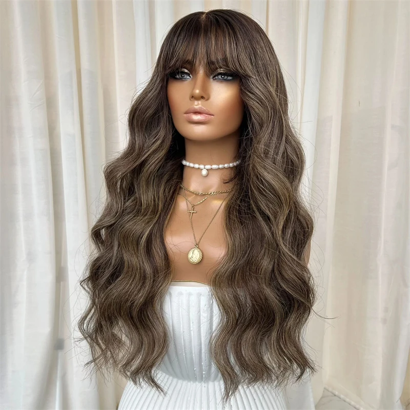 

Ash Brown Blonde Highlights Lace Wigs with Bangs Natural Women"s Wig Sale Cosplay Daily WEar Full Fringe Synthetic Lace Wig