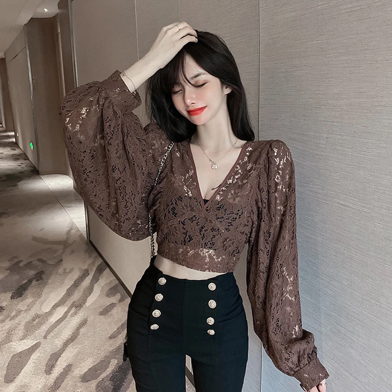 Women Fashion Elegant Lace Hollow Out Blouse Summer Early Autumn V-Neck Puff Sleeve Sexy Backless Tops Crop Tops Party Blouse