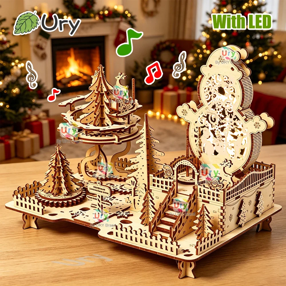 3D Wooden Puzzle Amusement Park Deer Carriage Music Box with Light Assembly Toy DIY Model Decoration for Christmas Gifts
