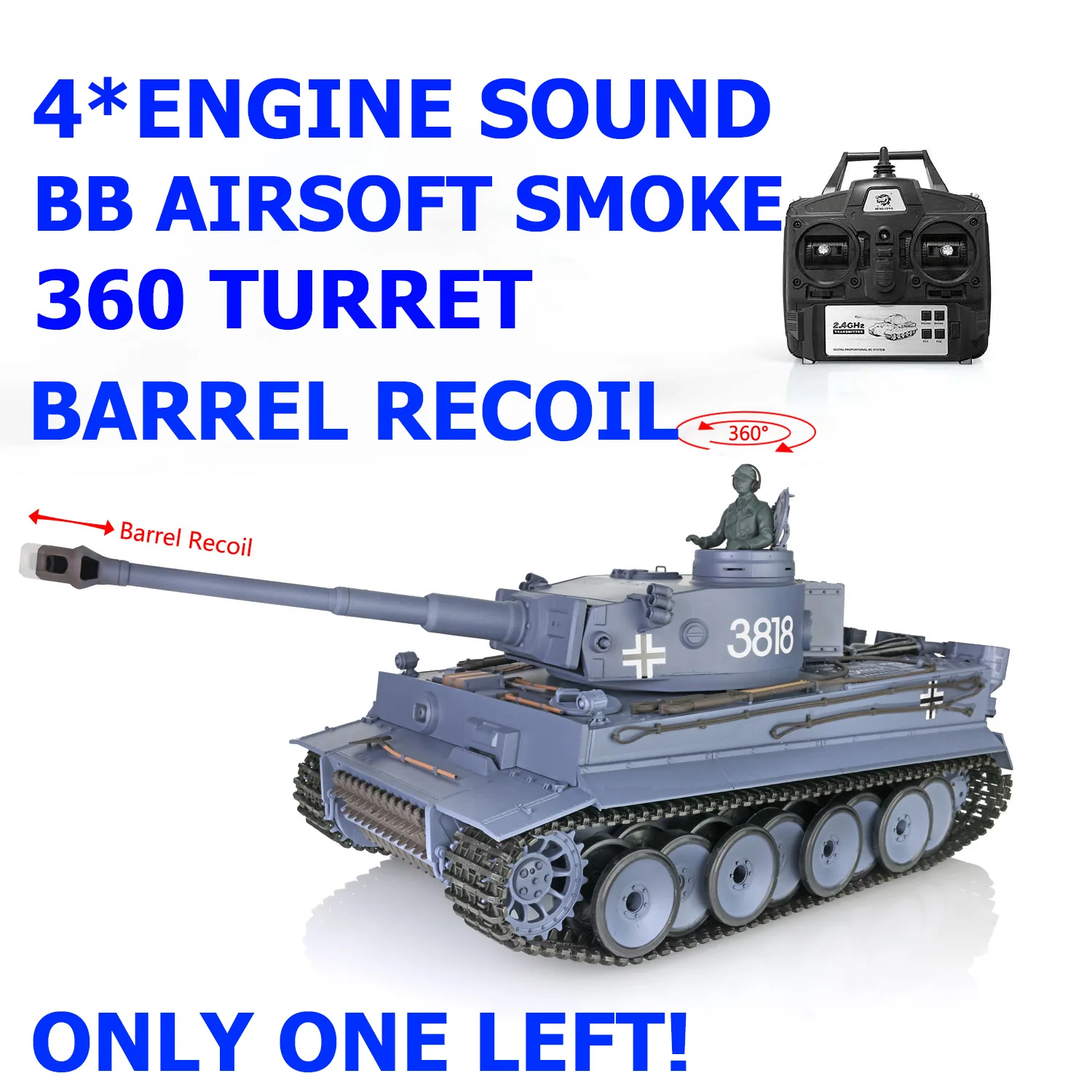 Heng Long 1/16 afstandsbediening tank Tiger I, radiogestuurde auto, 2,4 Ghz, 360 °   Torentje, 4 geluidseffecten, Barrel Airsoft Smoke