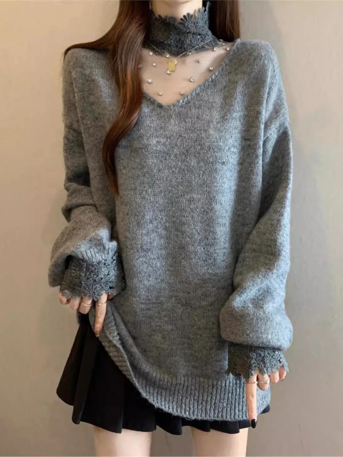 

Женский вязаный свитер с длинными рукавами и высоким воротником, свободного кроя, модный топ больших размеров для осени и зимы