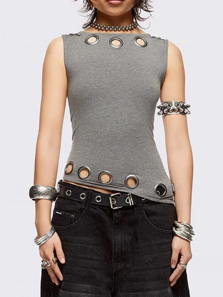 Metal Hollow Halter Neck Vest Sexy Hot Girl Plunge Bodycon Solid Color Sleeveless Tanks Casual Club Party Camis Top Y2K