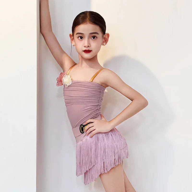 Latin Clothes Girls Pink Children Dancer Training Suit Fringe Skirt Cha Cha Samba Salsa Practice Wear Kid Latin Outfit