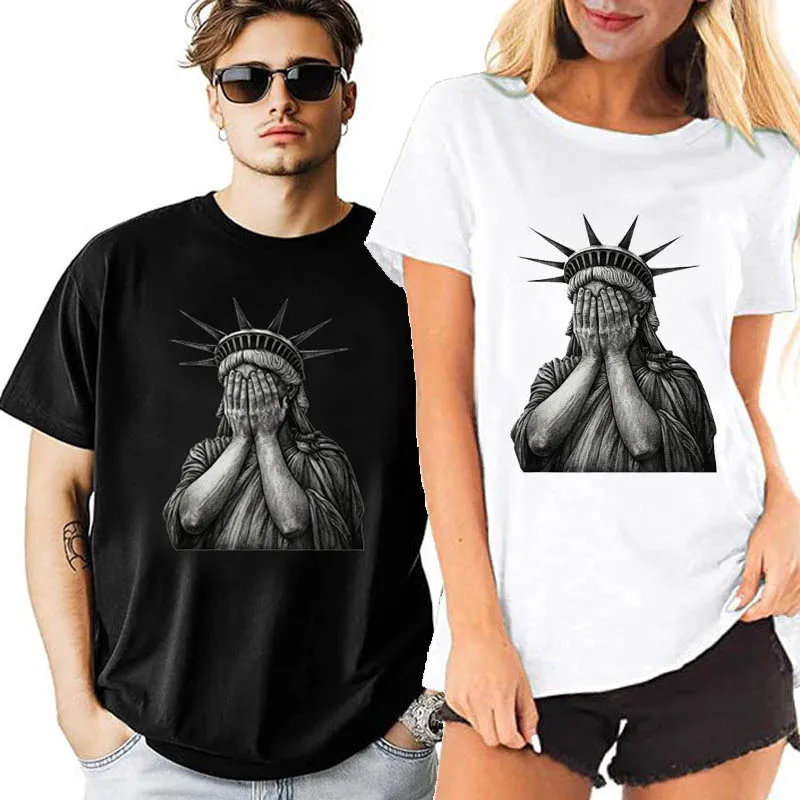 

Statue of Liberty Covering Her Face in Shame T-Shirt Silent Y2k Design Graphic Outfit Novelty Gift Humor Funny Unisex Saying Tee