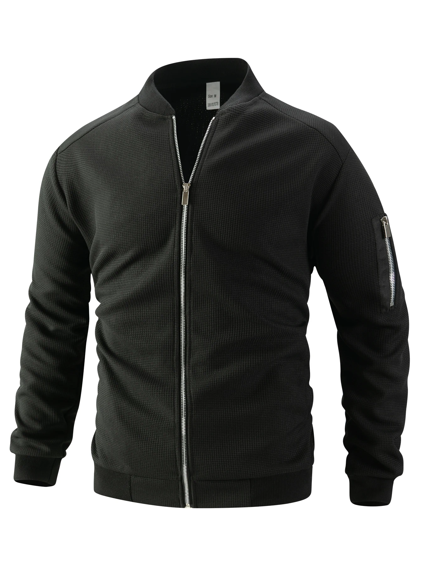 Herrenjacke aus Waffelstrick mit geripptem Baseballkragen, lässige Fliegerjacke mit durchgehendem Reißverschluss, mit Reißverschlussmanschetten und Taschen, lässiger Stil. – Detail 9