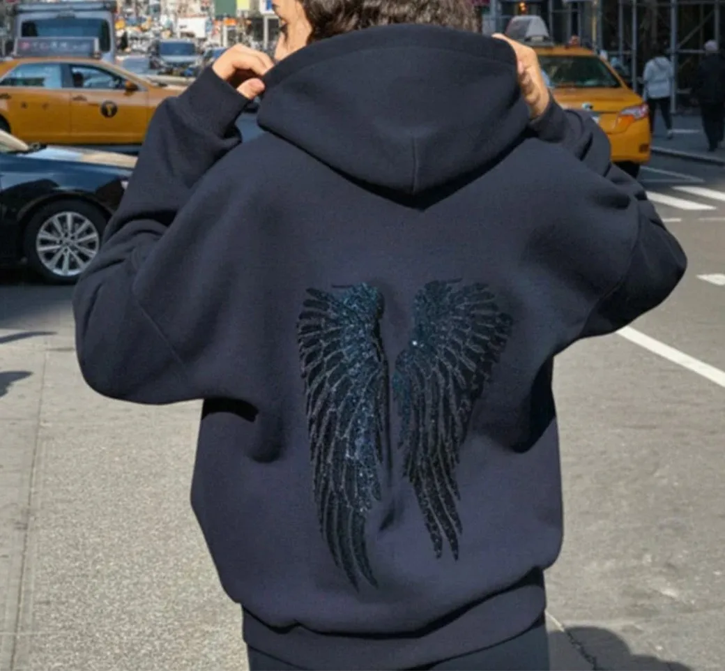 New Lady Y2K Autumn Outwears Women's Shinny Sequin Angel Wings Hooded Jacket Pant Long Sleeve Loose Casual Hooded Pullover