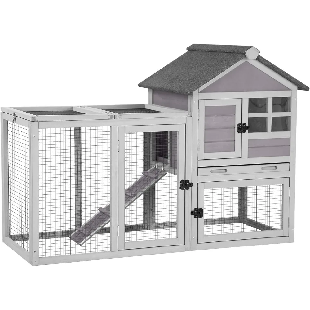 

Rabbit Hutch Indoor Outdoor 51.6''L Chicken Coop Bunny Cage with Run,Guinea Pig House Pull Out Upper Tray (51.6" L x 25.2" W x