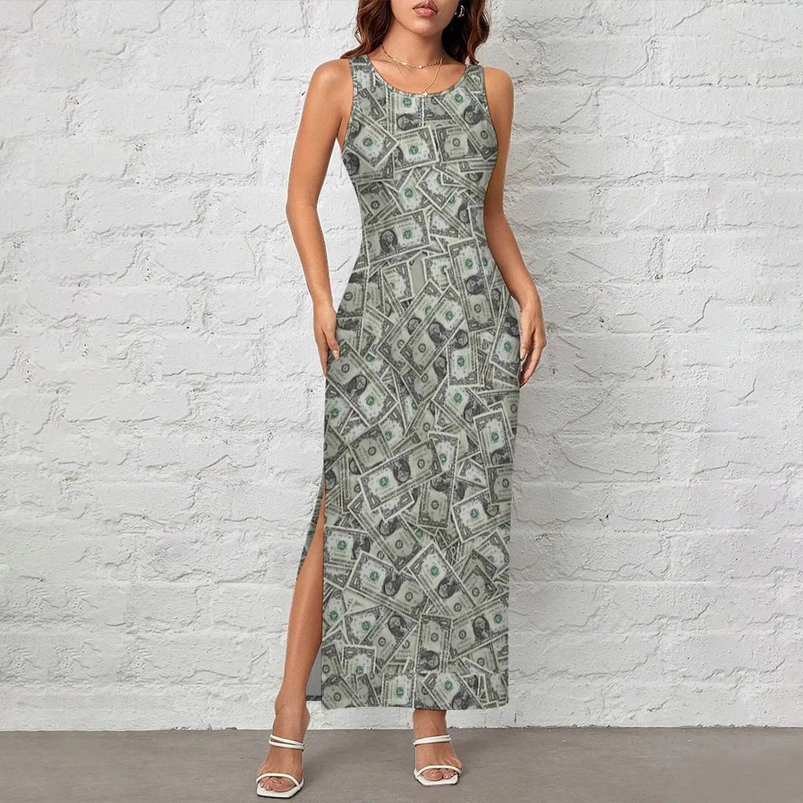 Women Bodycon Dress Retro USA Dollar Bills Funny Print Maxi Dresses Spring  Sleeveless Street Fashion Pattern Dress 2XL 3XL 4XL