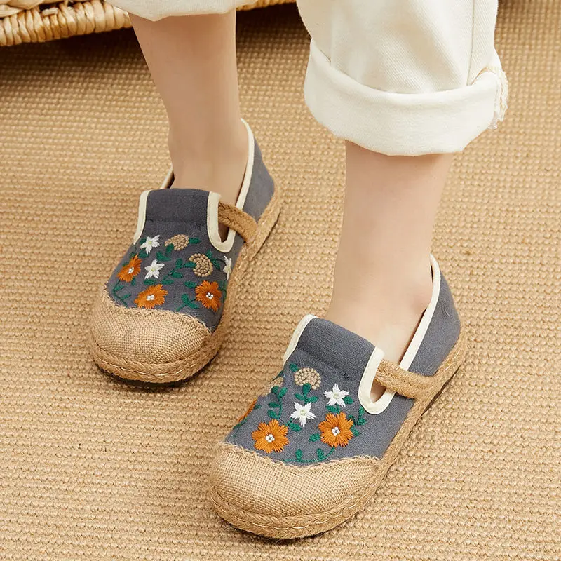 2024 spring women flat-heeled low-top embroidered shallow-mouth shoes literary ethnic women's shoes linen casual shoes