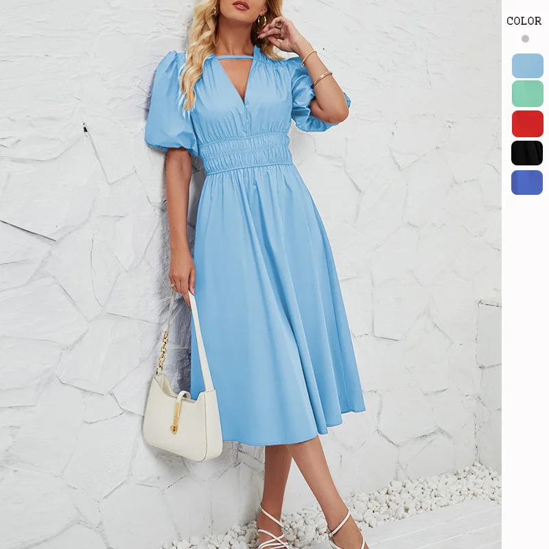 HMR-Deep V Collar Puff Short Sleeve Dress, High Waist, Elegant A Mid-Length, Summer