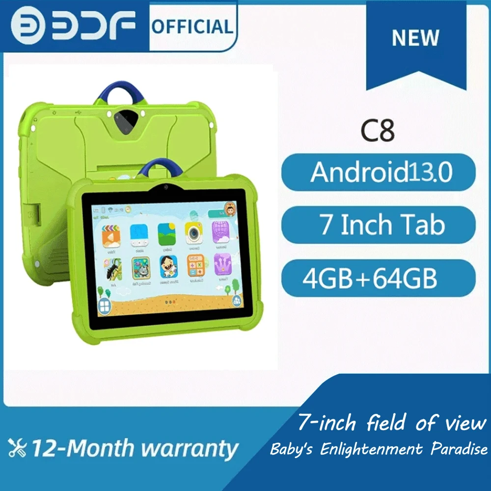 BDF-Tableta Android 2024 de 7 pulgadas para niños, Tablet educativa de estudio, Bluetooth, WiFi, con funda protectora bonita, regalo para niños, 13,0