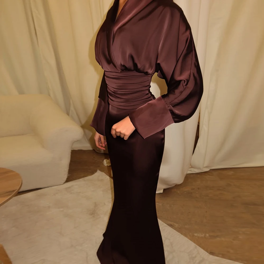 

Customized Fashion Women Evening Dress Burgundy V Neck Mermaid Prom Dress Full Sleeves Floor Length Cocktail Party Gowns