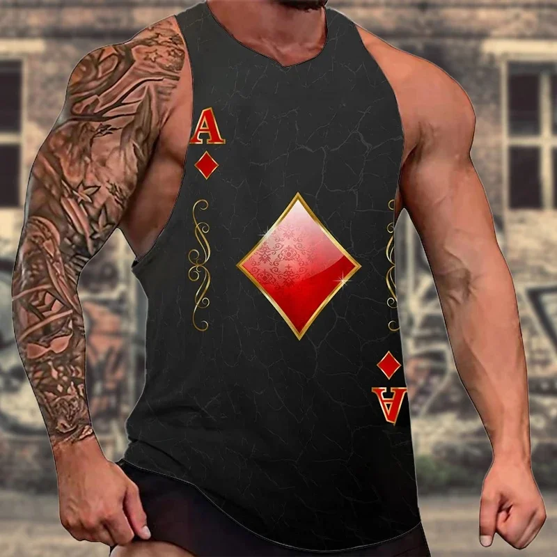 

3D Printed Cool Poker Hearts Spades Tank Tops For Men Colorful Pattern Tees Summer Loose Street Sports Round Neck Tops Vest