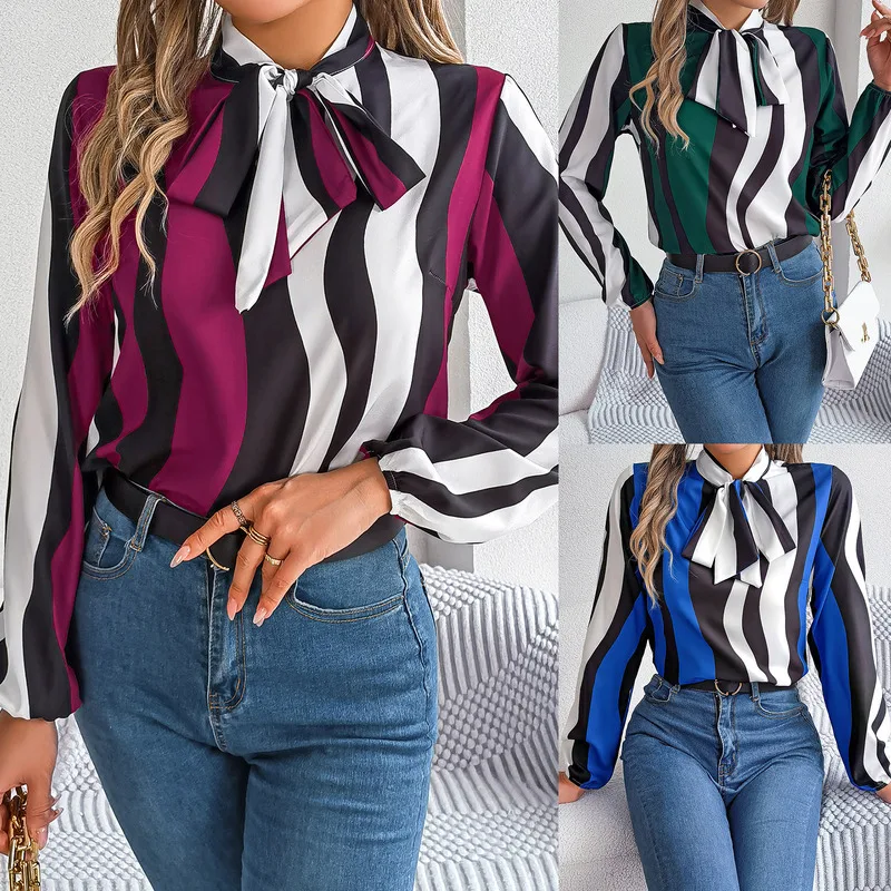 Spring Summer New Temperament Color Contrast Striped with Lantern Sleeve Chiffon Shirt on Street Casual Style Suit Shirt Blouse