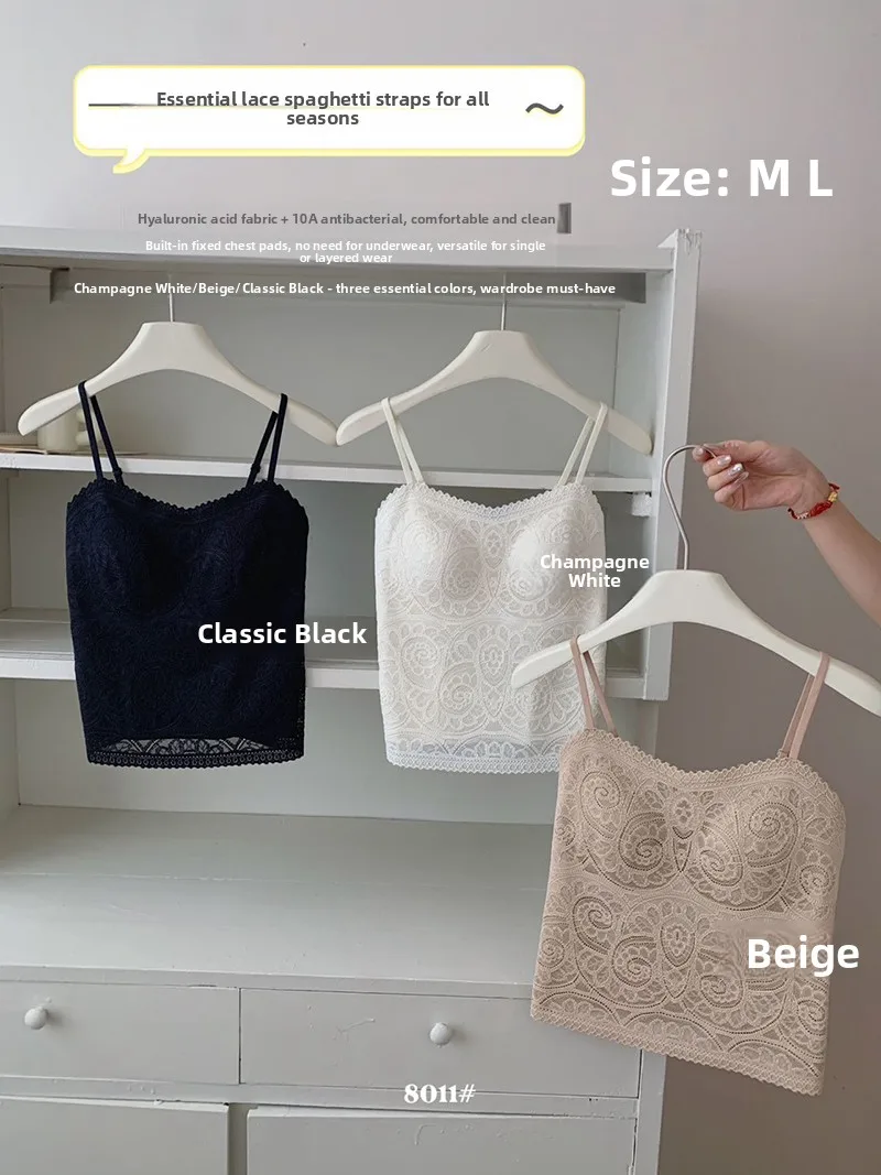 Autumn Lace Halter Vest Women's Integrated Cup Sexy Top Slim Thin Style Casual Wear Inner Match with Pad Back Design